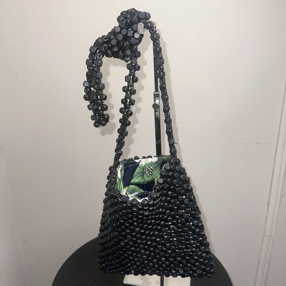 Francesca’s Black Wooden Beaded Crossbody Bag Pouch Floral Lining EUC - Picture 1 of 6